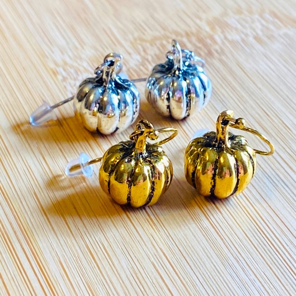 Fall Pumpkin Earrings • Antique Gold or Silver Finish • Solid Core